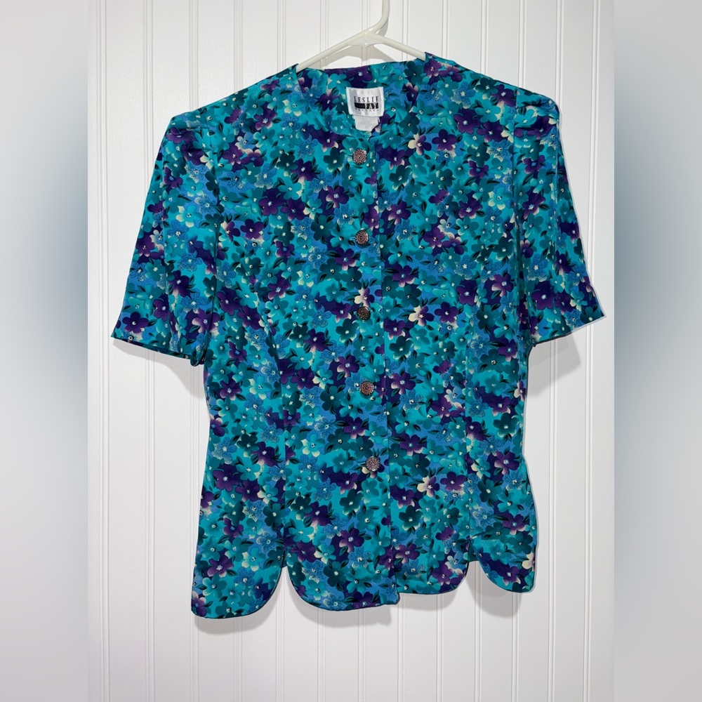 Vintage Leslie Fay Teal and Purple Floral Button Down Shirt| Size 10